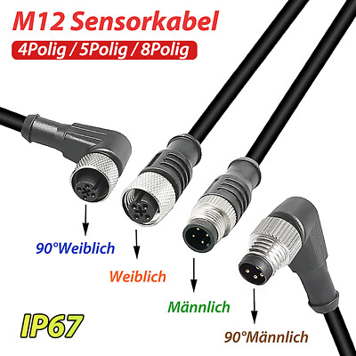 M12 Sensorkabel 2 Meter Stecker oder Buchse, gerade und gewinkelt 4P bis 8 Polig
