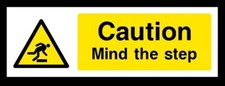 2 x Caution Mind the step - Sign Self Adhesive Plastic Sign Sticker UK S2060