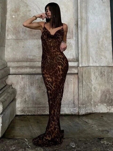 New Ladies Leopard Rat Boa Similar Cowl Neck Chiffon Sheer Maxi Long Sexy Dress. - Picture 7 of 18