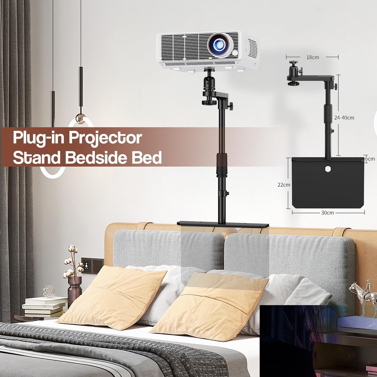 Yosoo Adjustable Projector Stand - 24-40cm Height, 360° Rotation, 1/4" Thread, Plug-in Base For Behind Sofa Or Desk-612663