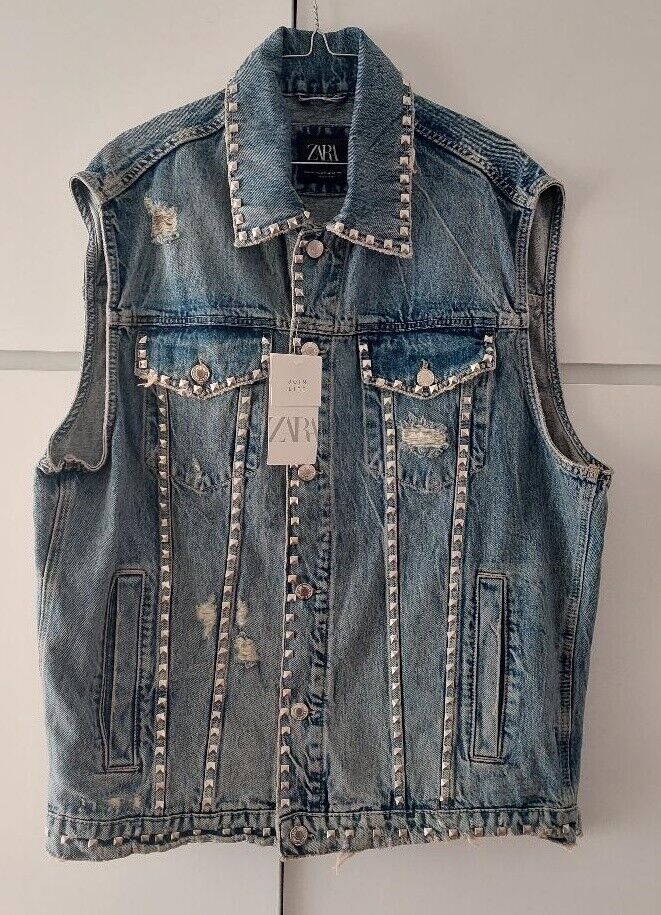 ZARA MAN MID BLUE STUDDED DENIM VEST WAISTCOAT SIZE L-XL REF ZARA MAN MID BLUE STUDDED DENIM VEST WAISTCOAT SIZE L-XL REF