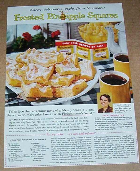 1961 print ad - Fleischmann's Yeast GESELL Iowa Frosted Pineapple  Squares recipe | eBay