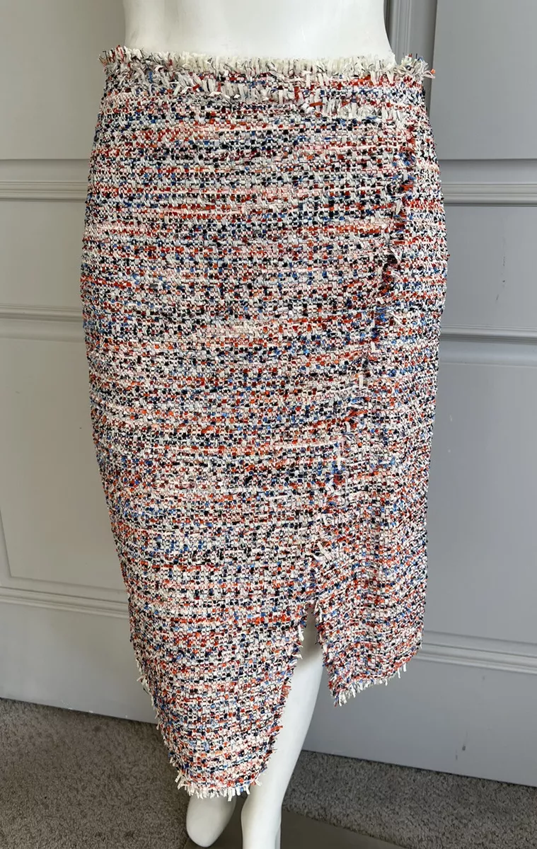 H M Womens Multicolor Tweed Knee Length Frayed Wrap Pencil Skirt