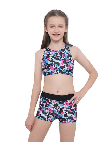 Girls Print Athletic Tankini Set Sport Crop Top with Swim Short Bathing Suits - Picture 20 of 143