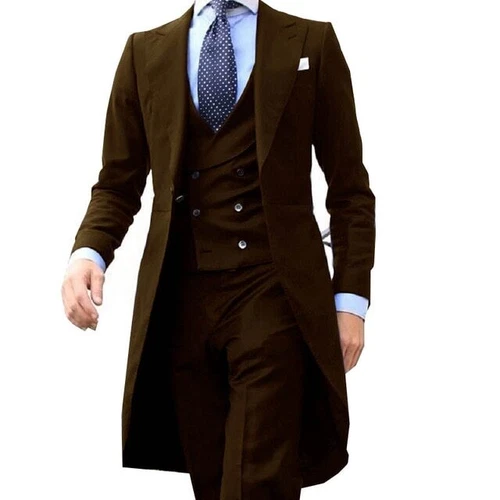 Men Formal Suit Long Blazer Jacket+Vest+Pants 3 Pieces Set New Male Costume - Picture 14 of 27