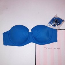 Victoria Secret Swim Bikini Top 32A Bandeau Blue Solid Push Up Underwire New