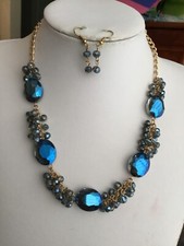 Blue faceted oval glass bead crystal necklace earring set