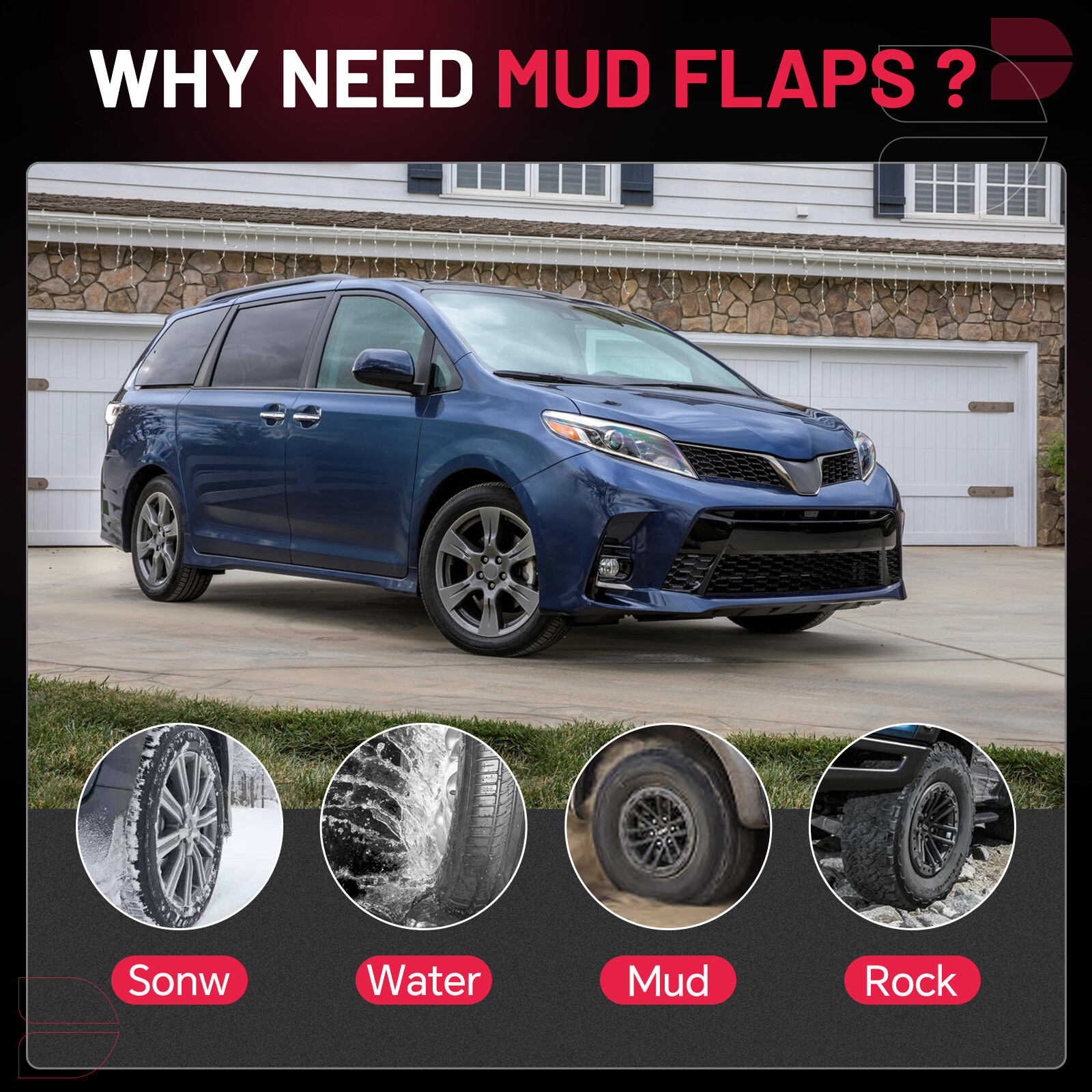 Mud Guards w/Hardware Accessories For Toyota Sienna 2018-2020 Mini Passenger Van thumbnail 5