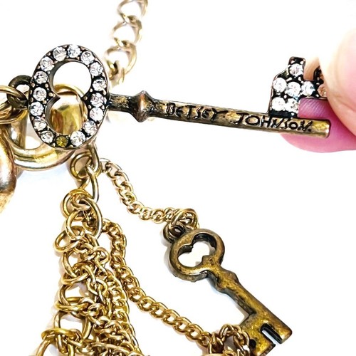 Betsey Johnson Gold Statement Necklace Rhinestones Key Pink Heart Dangle Layered - Picture 7 of 8
