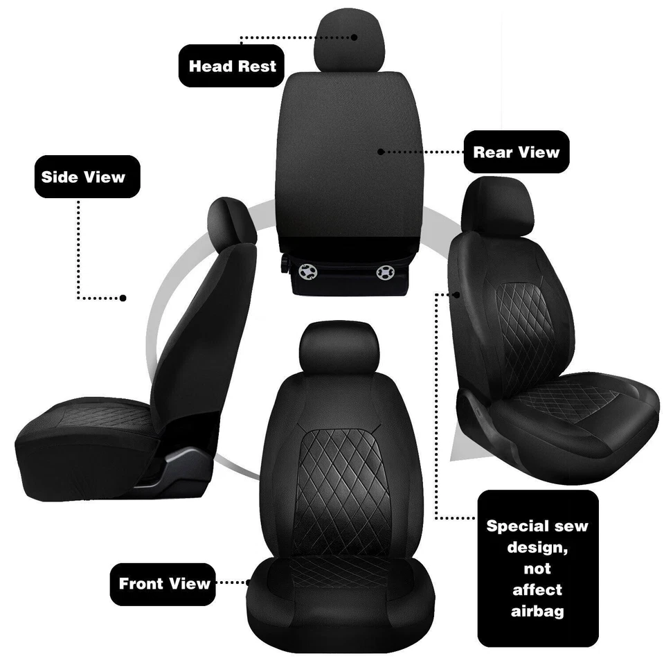 Fundas de asiento de coche de cuero negro azul 5 plazas cojín interior completo delantero trasero 9 piezas Foto 2 de 4