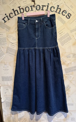 Free People Jordon Maxi Gonna Denim Vita Caduta Pieghe Tasche Blu 6 NUOVO - Foto 5 di 6
