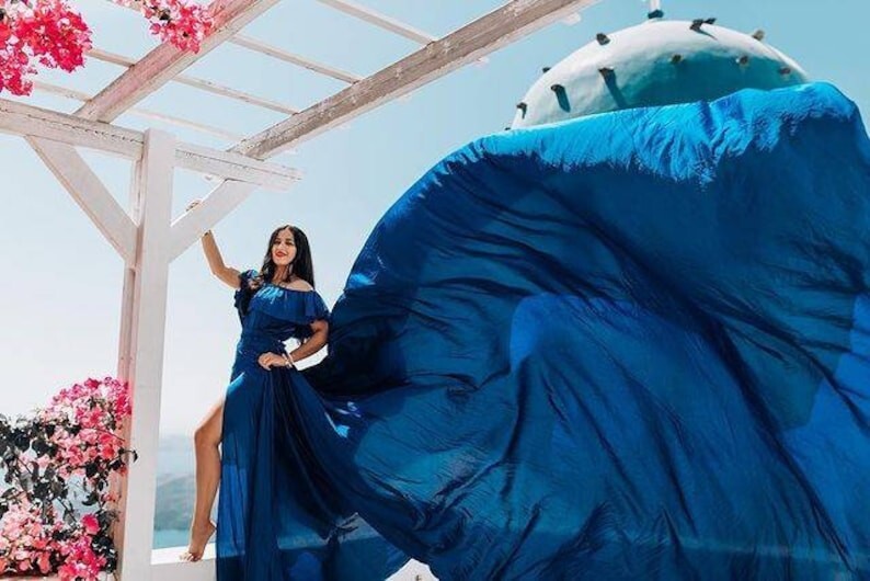 blue Flowy Long Train Photoshoot Off-Shoulder Long Train Satin Dress for  Wedding | eBay