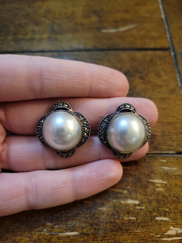 Judith Jack Earrings Retro Marcasite Faux Pearl