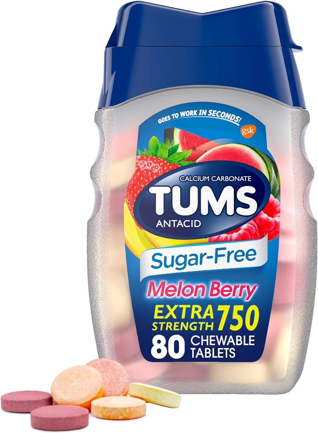 TUMS Extra Strength Chewable Sugar Free Antacid Tablets for Heartburn Relief, Me