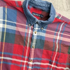 Nautica Mens Shirt XL Plaid L/S Button Down Denim Collar Logo USA Made 90s VTG