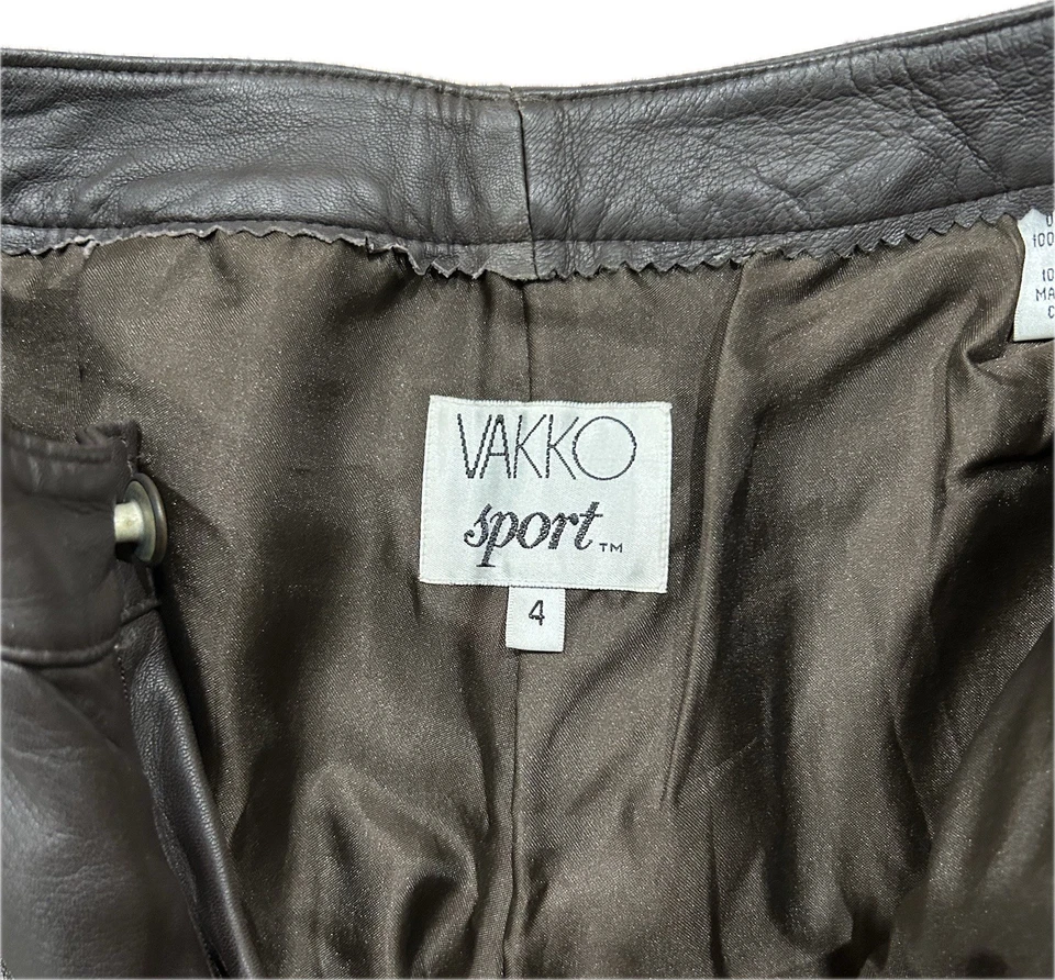 Pantalones deportivos vintage VAKKO para mujer de cuero suave marrón tiro medio pierna recta 4 Foto 4 de 4