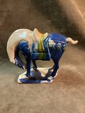 Vintage tang dynasty Chinese art pottery blue white magenta glaze horse figurine
