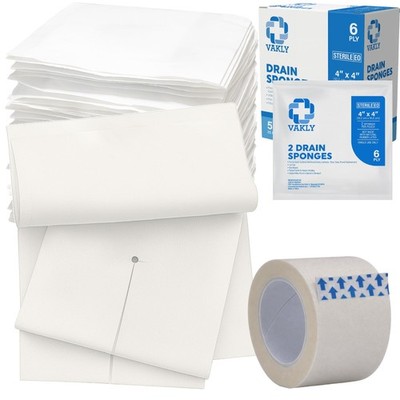 Vakly Split Drain Sponge Gauze 4x4 Sterile 6 Ply Pads [50 Pack] 51 Piece Set 