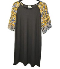 Grace & Emma Tunic Dress Sz Jrs Med Black Waffle Knit Floral Flutter Sleeves Nwt