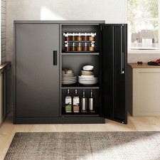 Metal Storage Cabinet with Lockable Doors 2 Adjustable Shelves Black 80cm
