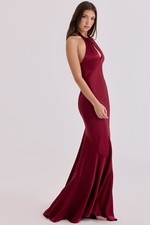 HOUSE OF CB 'Oliviana' Wine Satin Halter Maxi Dress M 10/12 A-C CUP 5659