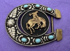 VTG Signed JG Horseshoe Mexico German Silver Turquoise Saddle Bronc Belt Buckle
