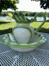 Large 1980's Matching Wash Basin Bowl and Pitcher Set White & Green Ceramic VTG