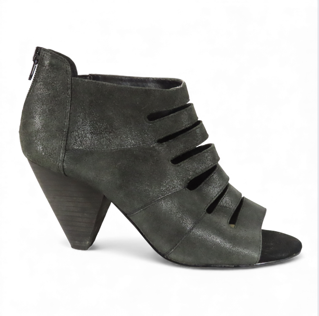 VTG Y2K 90s Nine West Black Leather Bootie STRAPPY PEEP TOE Killer Cone Heel 7.5