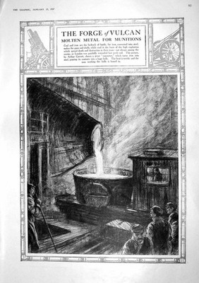 Original alter Vintage Druck 1917 Forge Vulcan Molten Metal Munitions London Kohle