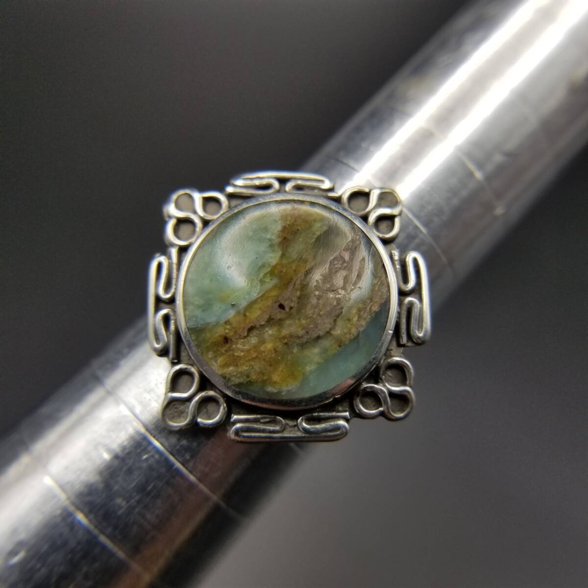 Heginard Peru Engraved Agate Inlay Geometric Pattern 975 Silver