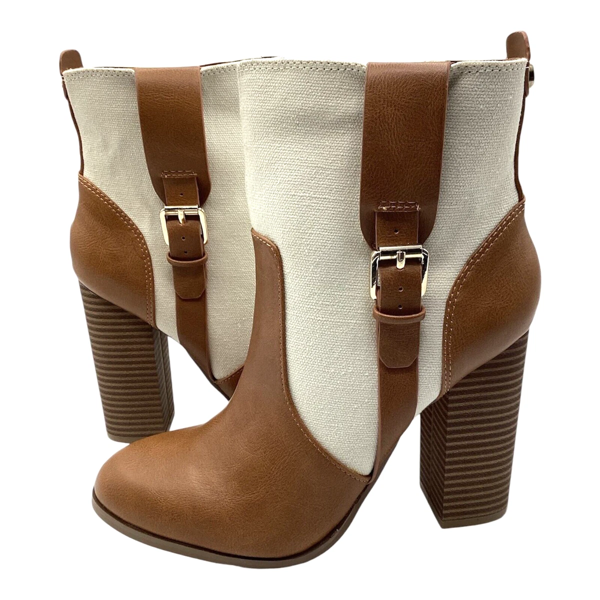 Anne Michelle Mujer Botines UK 4 Beige Tostado Imitación Cuero Lona Tacón Bloque