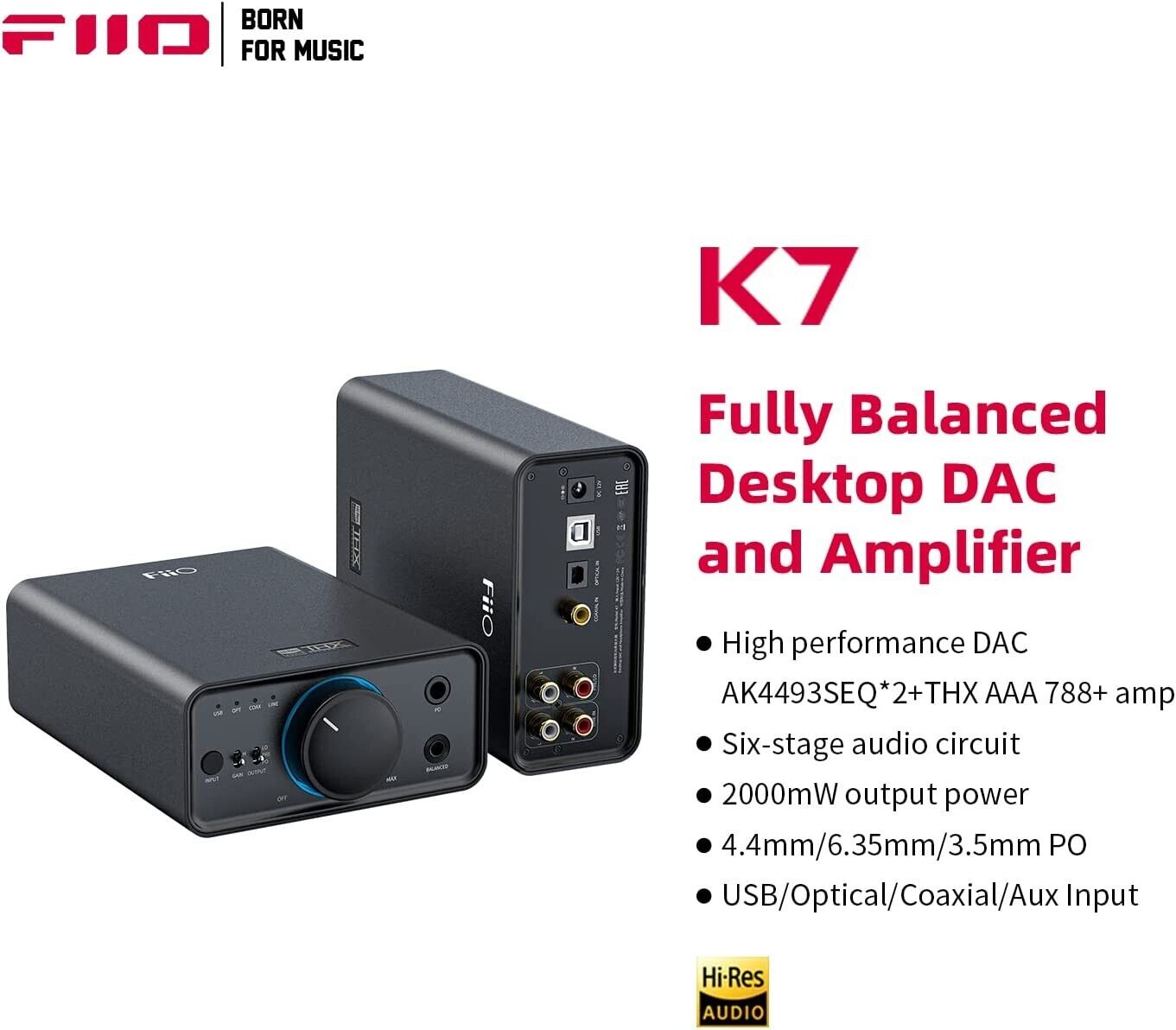 FiiO K7 Full Balanced HiFi DAC Headphone Amplifier,AK4493S*2, XMOS XU208  PCM384k