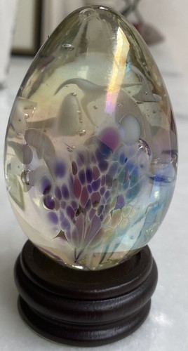 Vintage Art Glass Paperweight Egg Shape Signed VINES 1996 with Stand Collectible