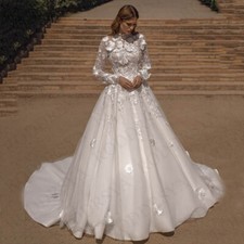 High Neck Wedding Dress For Bride Full Sleeves Floral Tulle A Line Bridal Gown