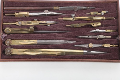 Antique French Drafting Set-Brass Walnut Case Rubber Ink Stamps Complete! RARE - Picture 9 of 16