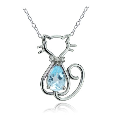 Sterling Silber Blautopas & Diamant Akzent Katze Anhänger