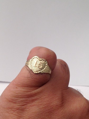 14k Yellow Gold 15 Anos Birthday Heart Diamond Cut Quinceanera Ring Band - Picture 7 of 12