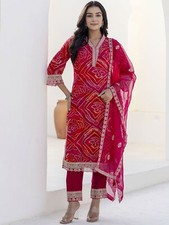 Woman Printed Gotta Patti Straight Kurta with Trouser  Dupatta 3 Pcs Set