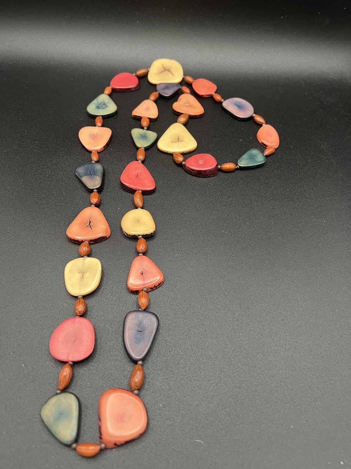 Multi Colored Flat Disc Long Beaded Necklace - image 17