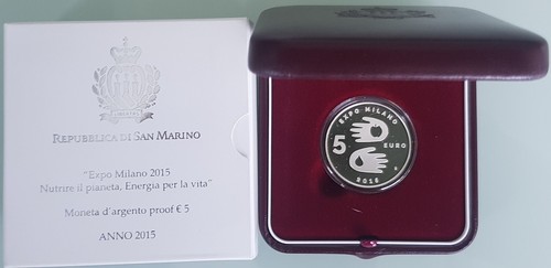 MDS SAN MARINO 5 EURO 2015 PP / PROOF "EXPO MAILAND", SILBER - Afbeelding 1 van 3