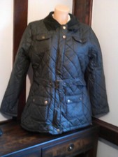 F&f Ladies Dark Green Quilted Waxed Jacket With Contrasting Collar, Size 16