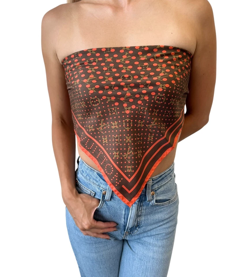 LOUIS VUITTON винтажный LV логотип монограмма Perfo шарф надежном горошек коричневый оранжевый шелк - Изображение 2 из 4