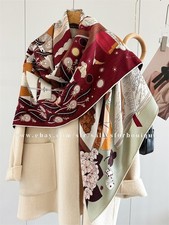 Sallys 70% Cashmere 30% Silk Wrap Scarf Boat Print 2 Face Shawl 53" Navy/Wine