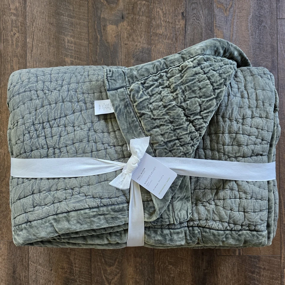 Edredón artesanal de terciopelo lavado Pottery Barn completo Queen Loden verde nuevo Foto 4 de 4