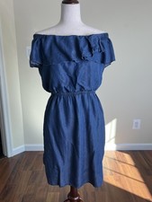 H Halston Off Shoulder Chambray Lyocell Dress Ruffle Neck Elastic Waist Size L