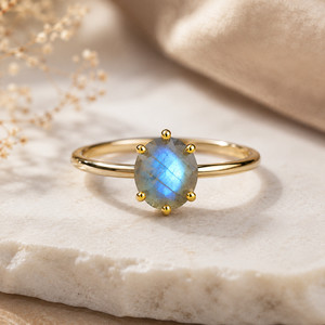 Authentic Natural Labradorite Ring 925 Sterling Silver Gold Plated Blue Flash Solitaire