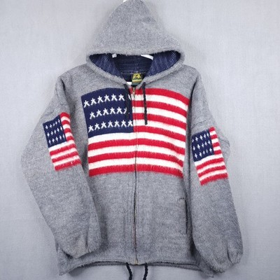 Ruminahui Wool Zip Hoodie Mens  Gray American Flag Ecuador Knit Sweater Hooded