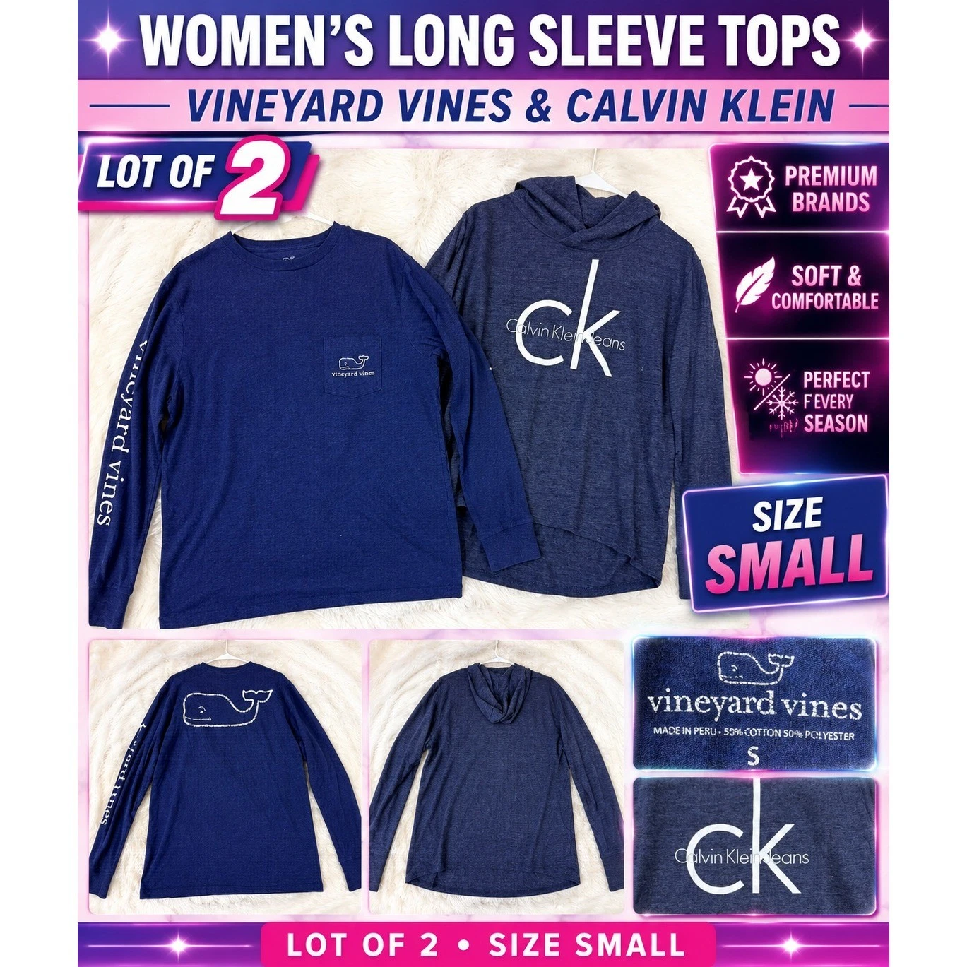 LOT Calvin Klein Hoodie Vineyard Vines Long Sleeve T-Shirt Blue Womens Small S