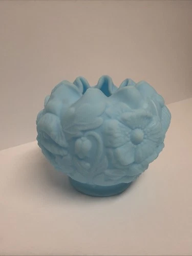 Vintage Fenton Poppy Satin BLUE Art Glass FOOTED ROSE BOWL VASE Crimped Edge