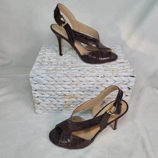 Michael Kors Becky 7M  Brown Leather Slingback Stilettos Party Snake Embossed 